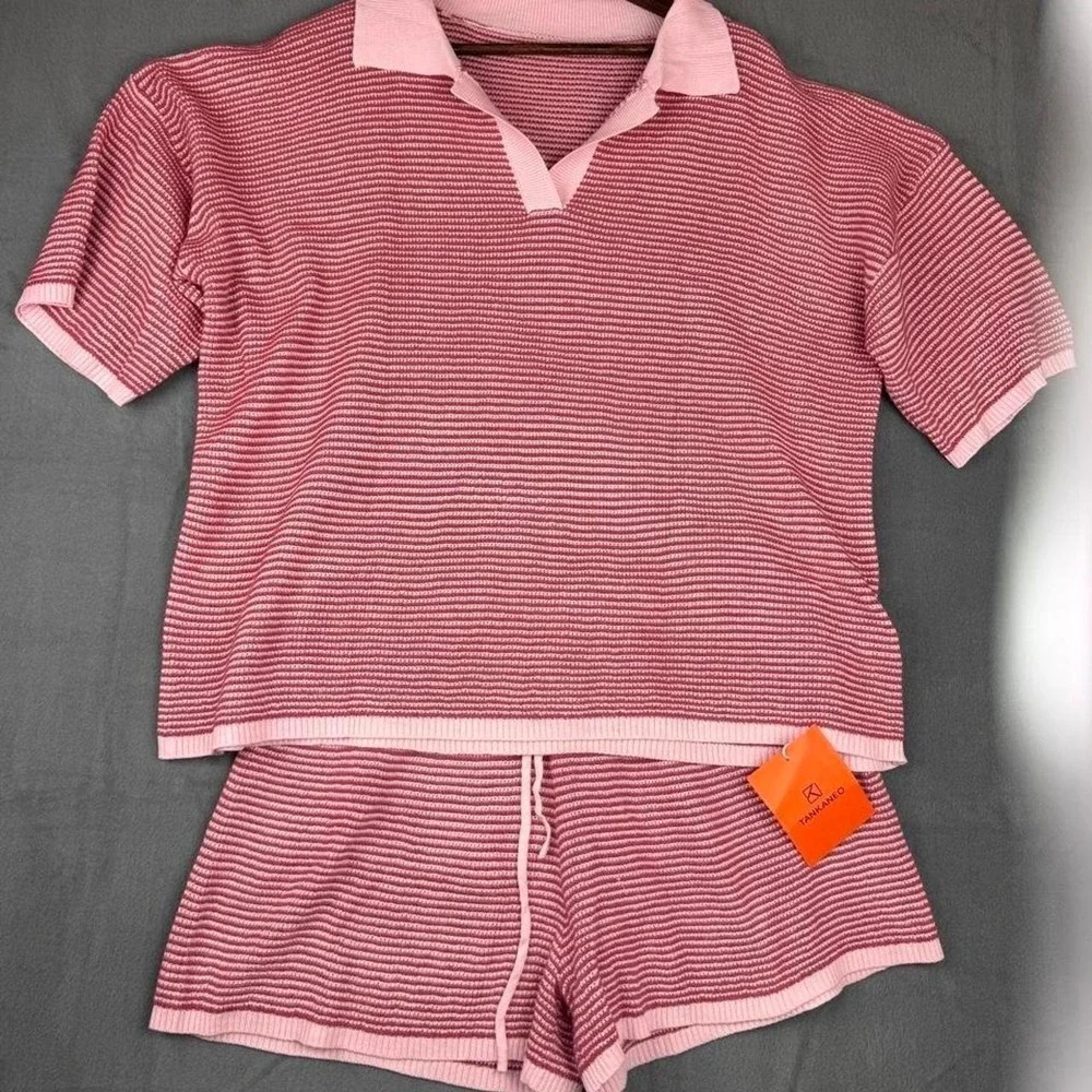 Pink Striped Polo Shirt & Shorts Set Women's Matching Preppy Lounge Outfit